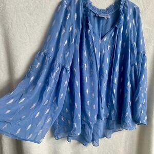 Jennifer Lopez Wedgewood Blue Silver Metallic Brush Stroke Boho Peasant Top Med